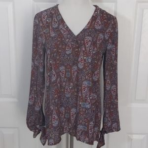 Signature Studio Brown and Pink Blouse, Long Sleeve, Bow Cuffs Size S